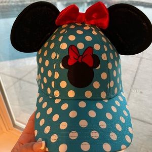 Disney Minnie Baseball Cap- Black Sequin Ears W/ Blue polka Dots.